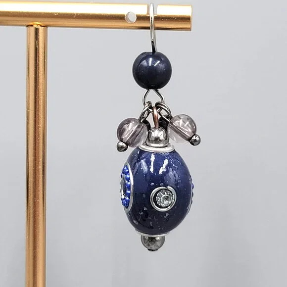 Blue Bead Pierced Earrings Crystal Silver tone Dangle 1.25 in - Picture 4 of 8